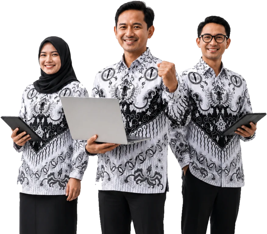 Tiga guru PGRI berseragam batik memegang laptop dan tablet